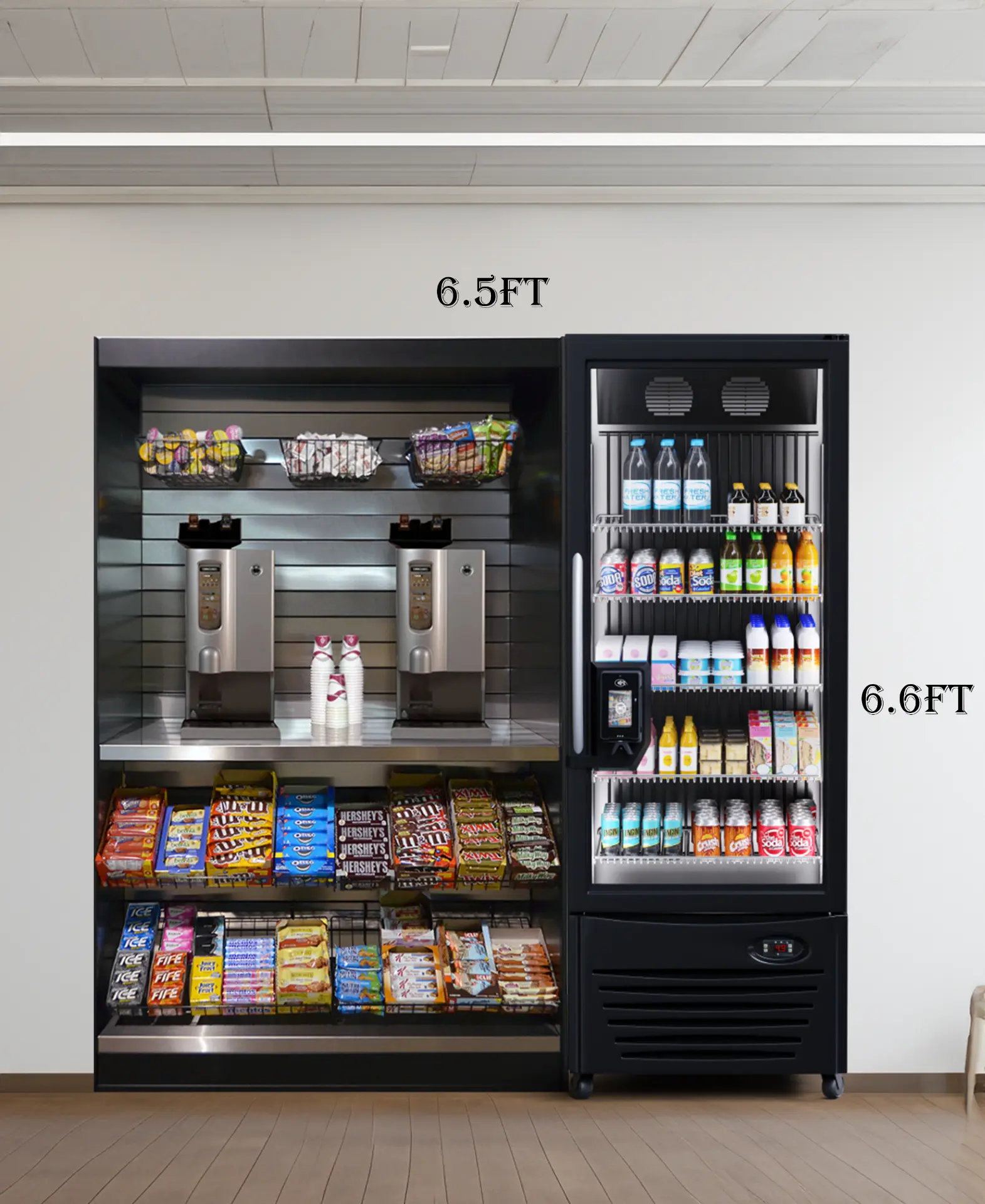 Self-serve snack and drink market setup with a glass-door cooler